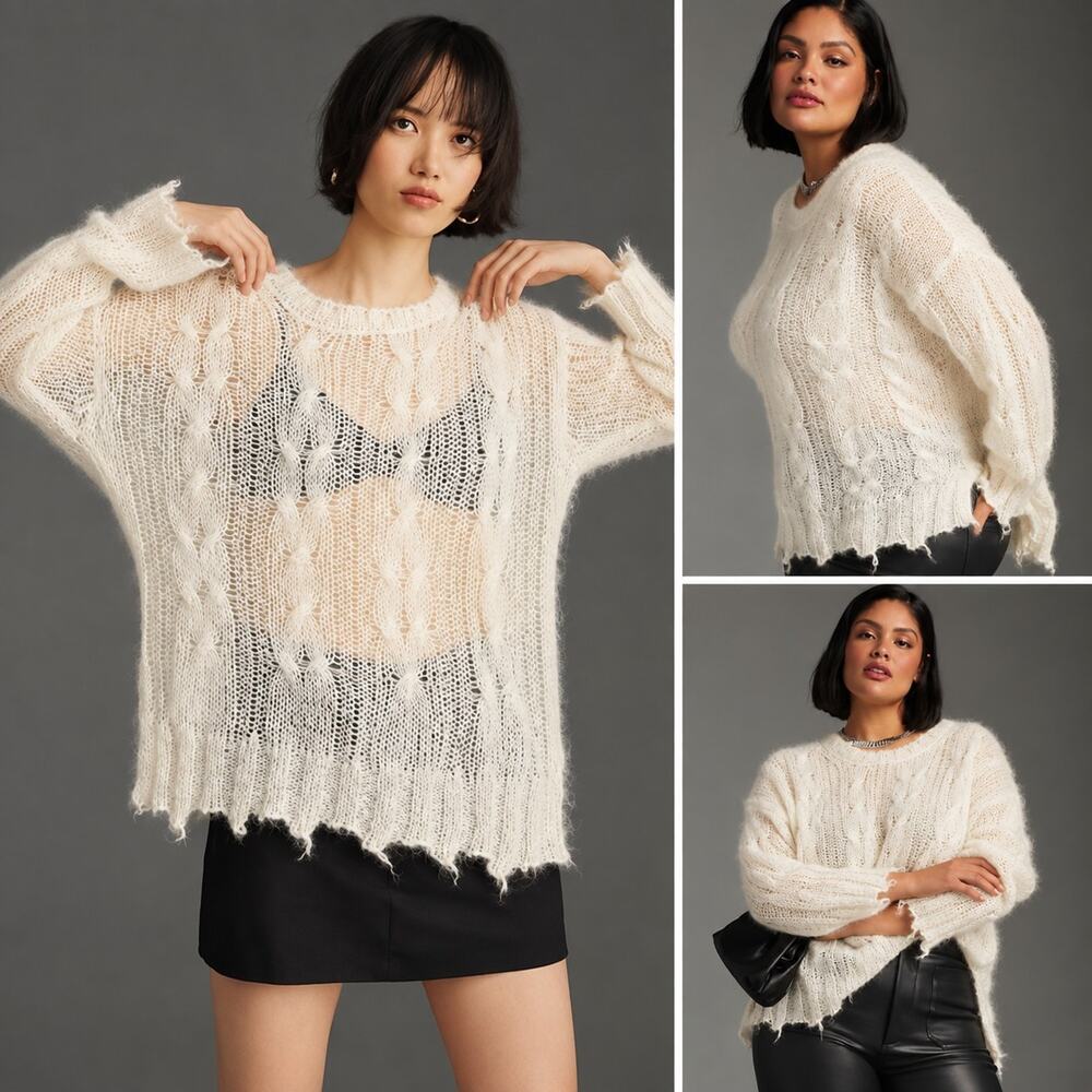 Anthropologie The Posey Wool Ivory Sweater Sz S Boho Open Knit Distressed
